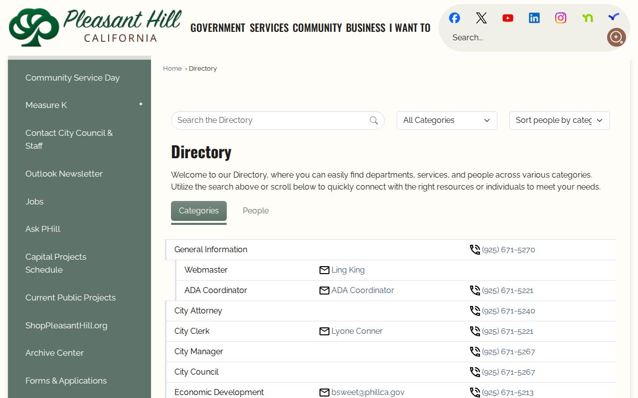 Pleasant Hill residents directory city staff directory